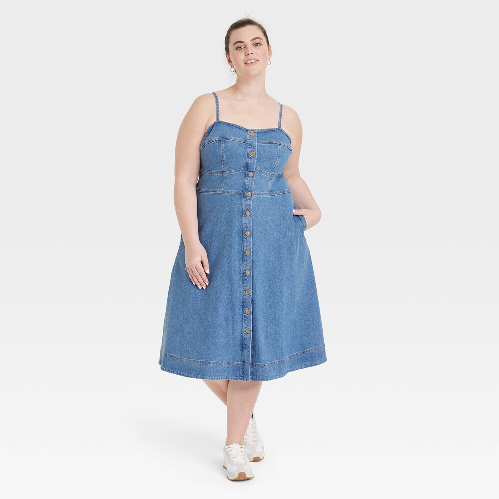 Denim Corset Midi A-Line Dress - Indigo XXL
